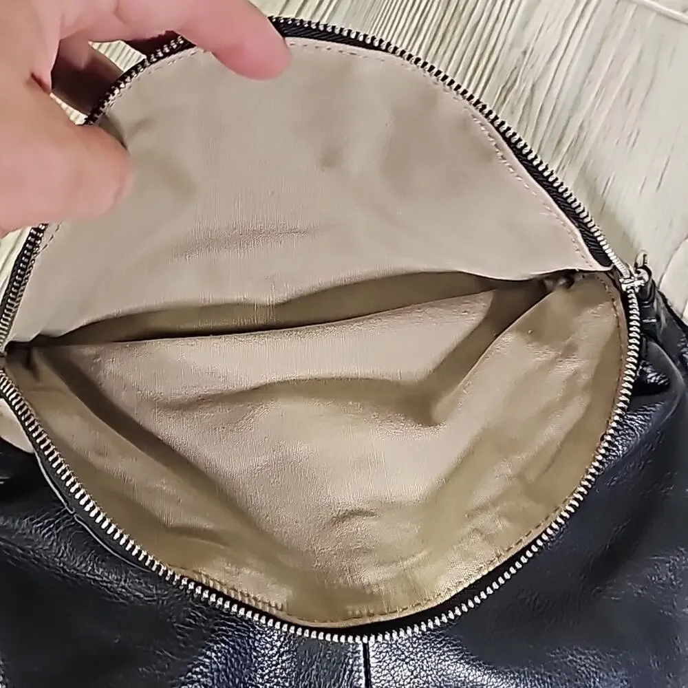 Margot Black Leather Zipper Flap Hobo Backpack Khaki Straps